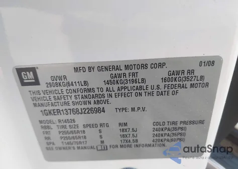 2008 GMC Acadia Sle-1 from USA, damaged, VIN 1GKER13768J226984